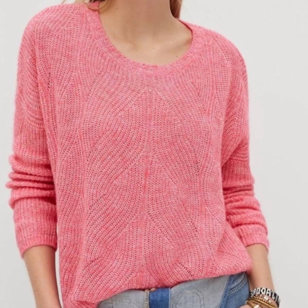 Anthropologie Coral Pink Cable-Knit Crew Sweater
